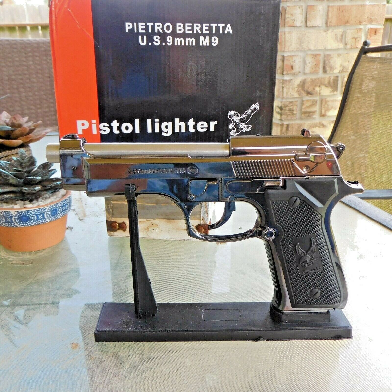 Black Chrome M9 9mm Beretta Slide Action Gun Pistol Jet Torch Lighter USA Stock