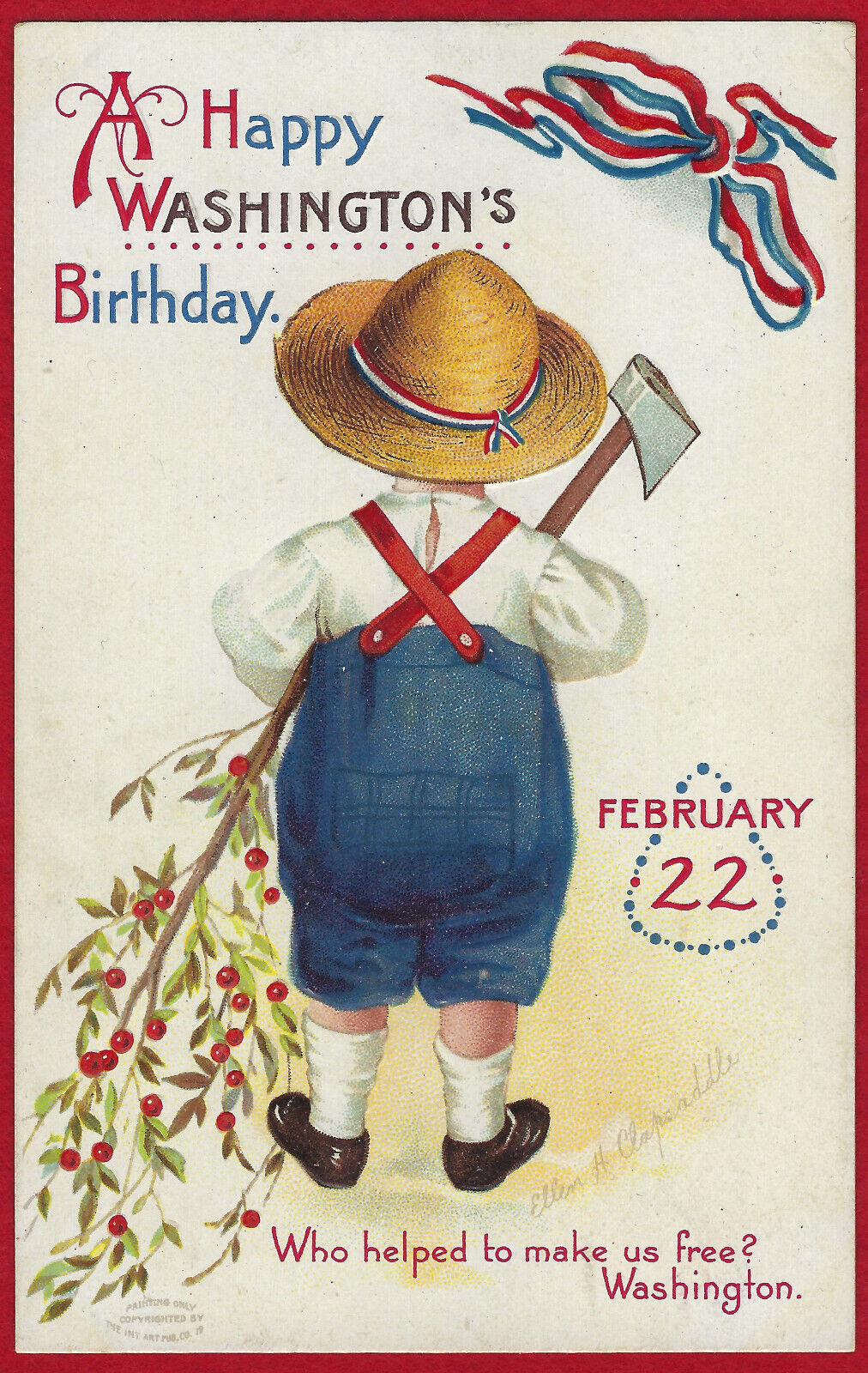 Vtg Clapsaddle George Washingtons Birthday Boy Ax Cherry Branch PC A/S Emb c1910