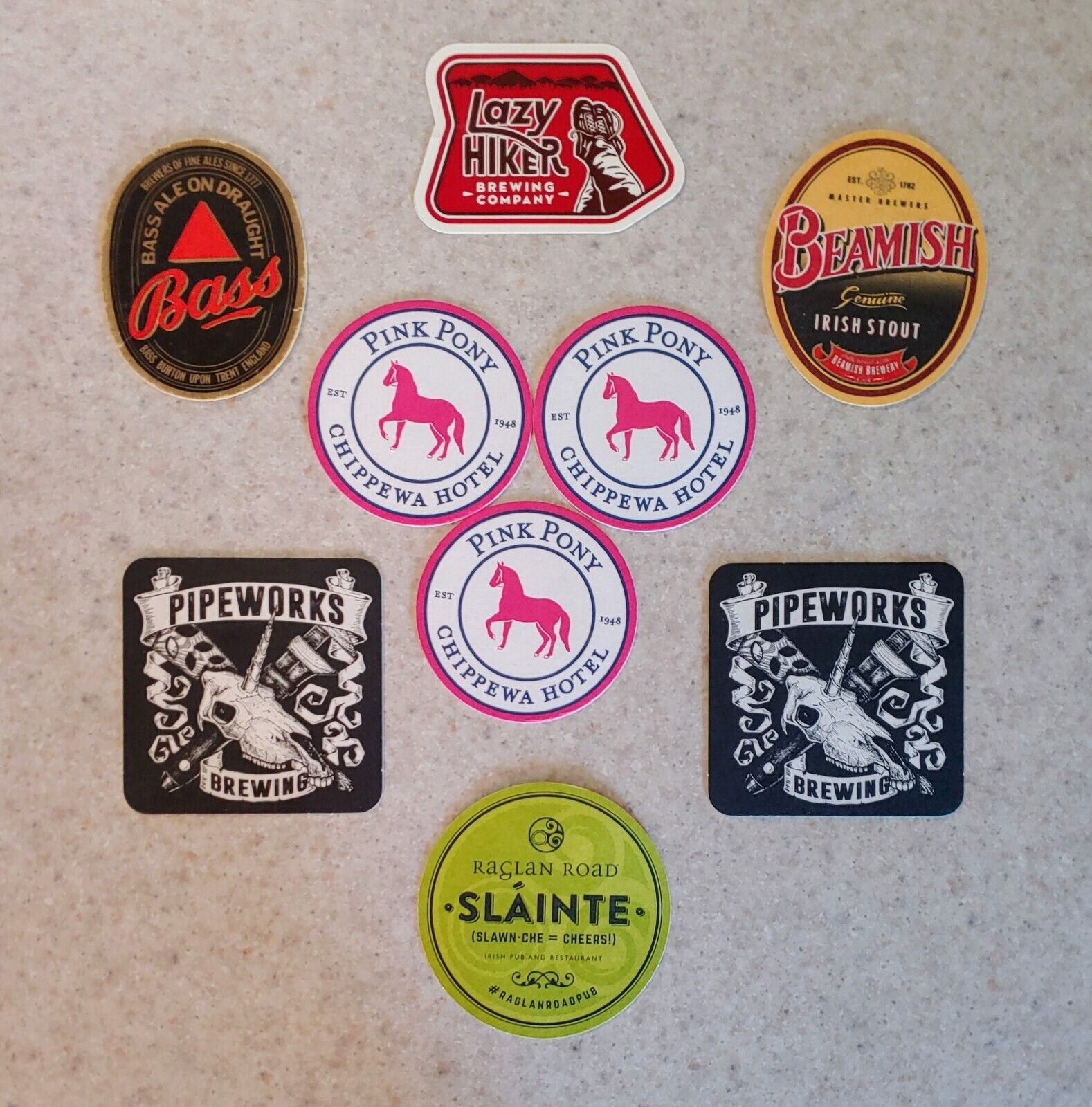 Lot of 8 Coasters & 1 Lazy Hiker Decal - Beer Mats Pipeworks Brewing - Pink Pony