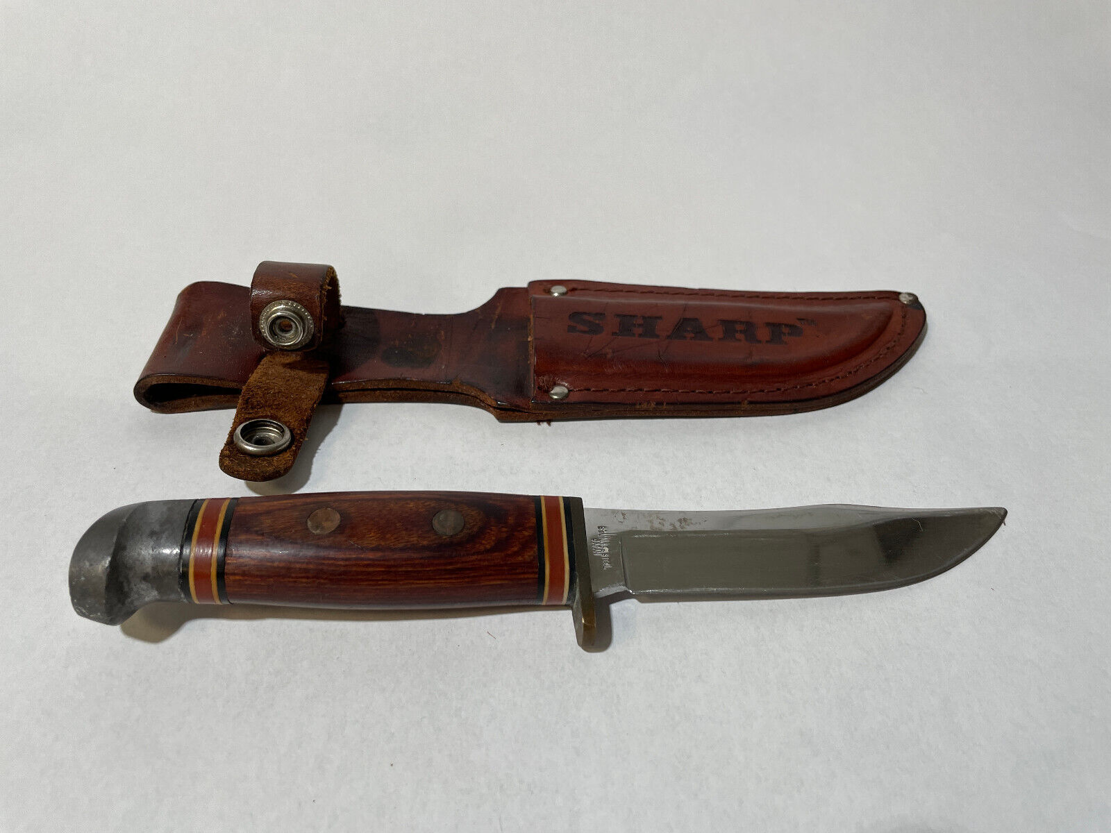 Vintage Sharp Brand Fixed Blade Hunting Knife and Leather Sheath - Japan