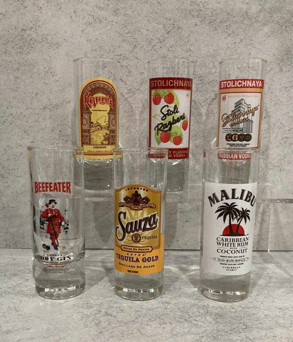 Set of 6 Top Shelf 2oz Shot Glasses with Liquor Brands NIB