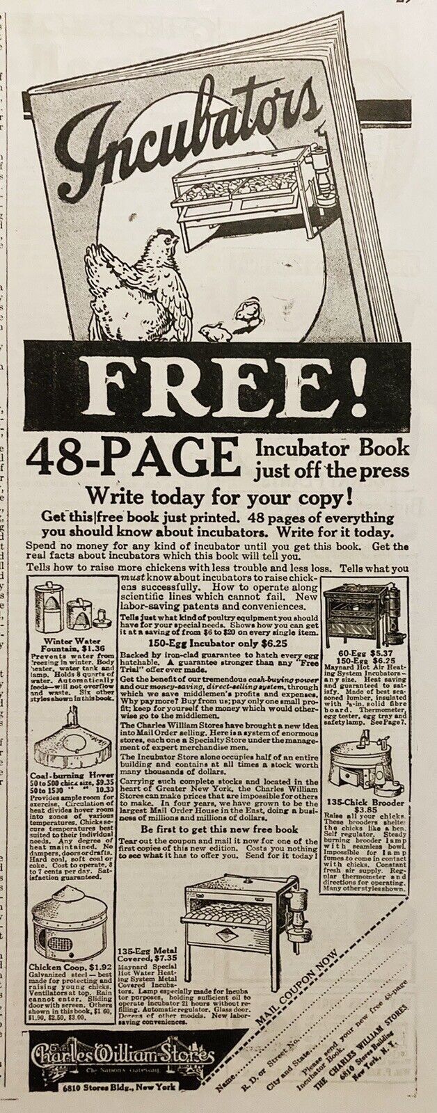 1917 AD.(XH71)~CHARLES WILLIAM STORE, NYC. INCUBATOR PRODUCTS AD.