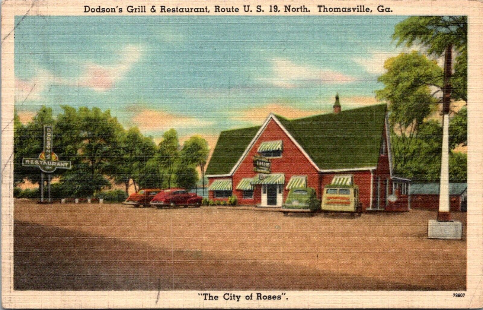 Thomasville Georgia Postcard Dodsons Grill and Restaurant Linen 1940s SQ 2