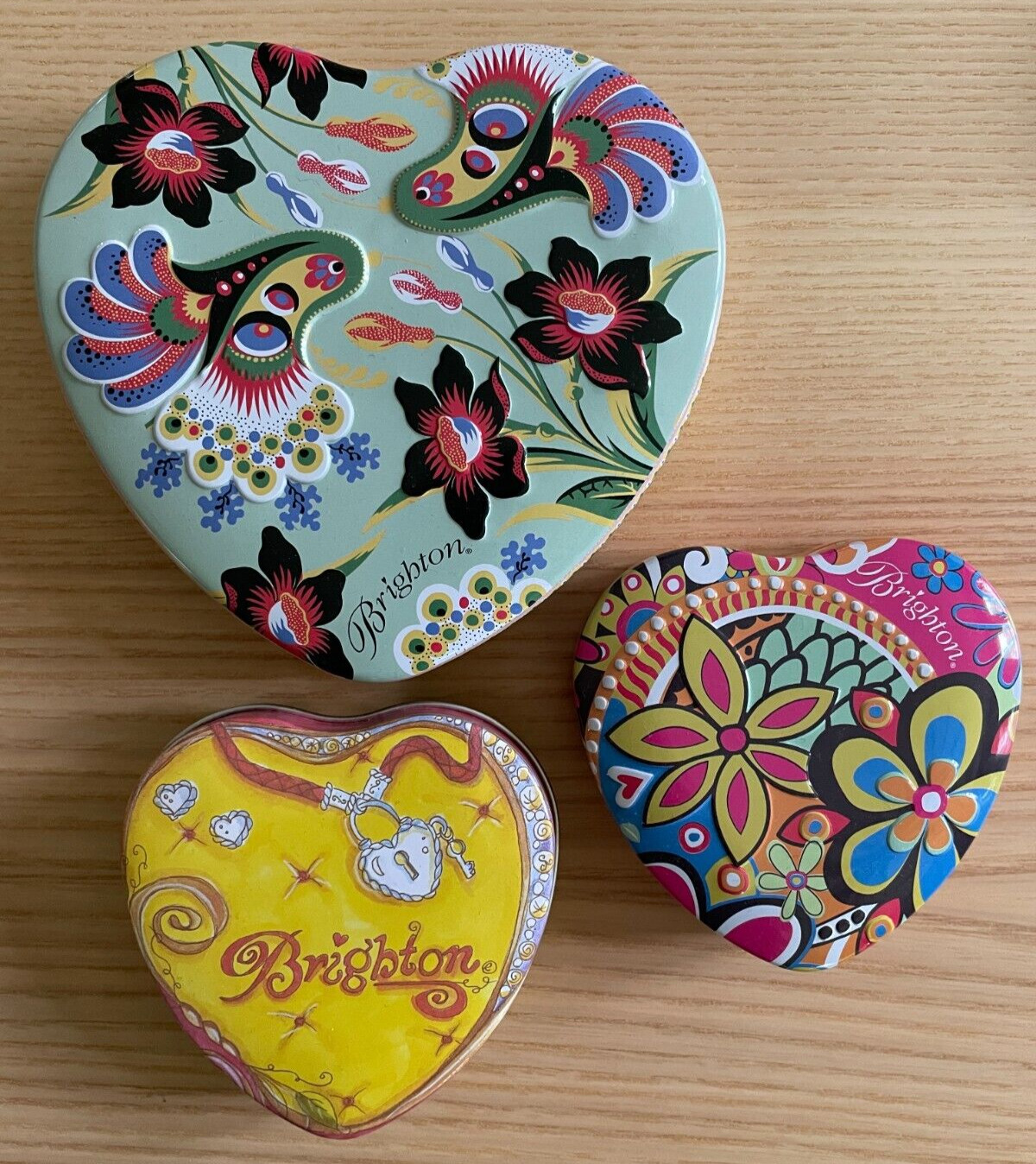 Lot of 3 Decorative BRIGHTON Heart Tins Boxes birds and flowers