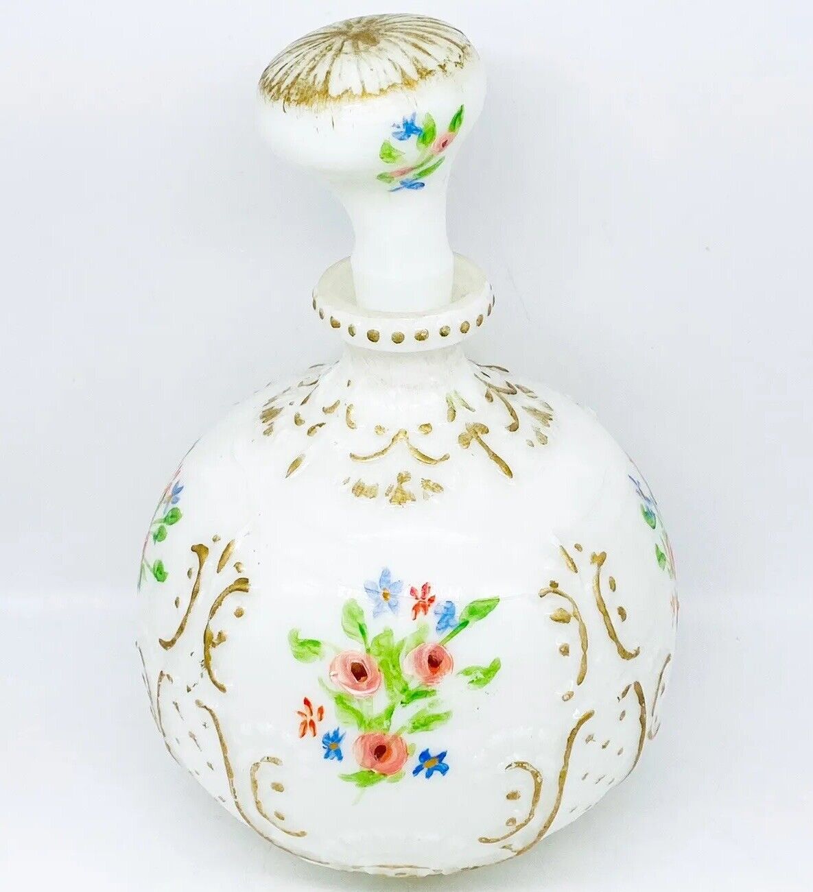 Antique Victorian Blown Milk Glass Barber Bottle & Stopper Hand Painted Floral