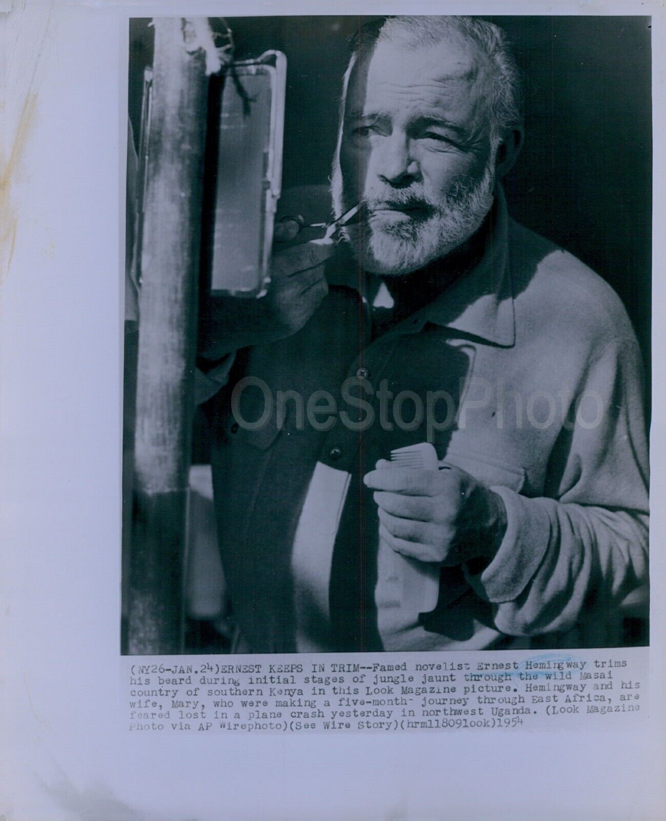 1954 Famed Novelist Ernest Hemingway Trimming Beard in Kenya Wire Photo