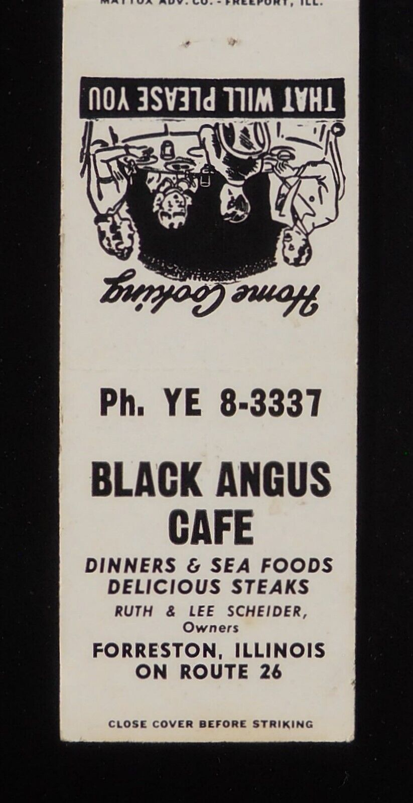1950s Black Angus Cafe Home Cooking Ruth & Lee Scheider Route 26 Forreston IL MB