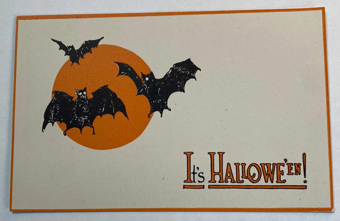 Vintage Gibson Halloween Postcard ~ Black Bats w/ Orange Border It\'s Halloween