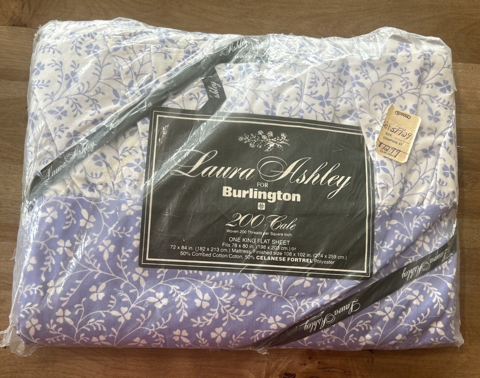 Vtg Laura Ashley 200 CALE~KING FLAT SHEET ONLY W/RUFFLE ~NOS~PERIWINKLE NWT