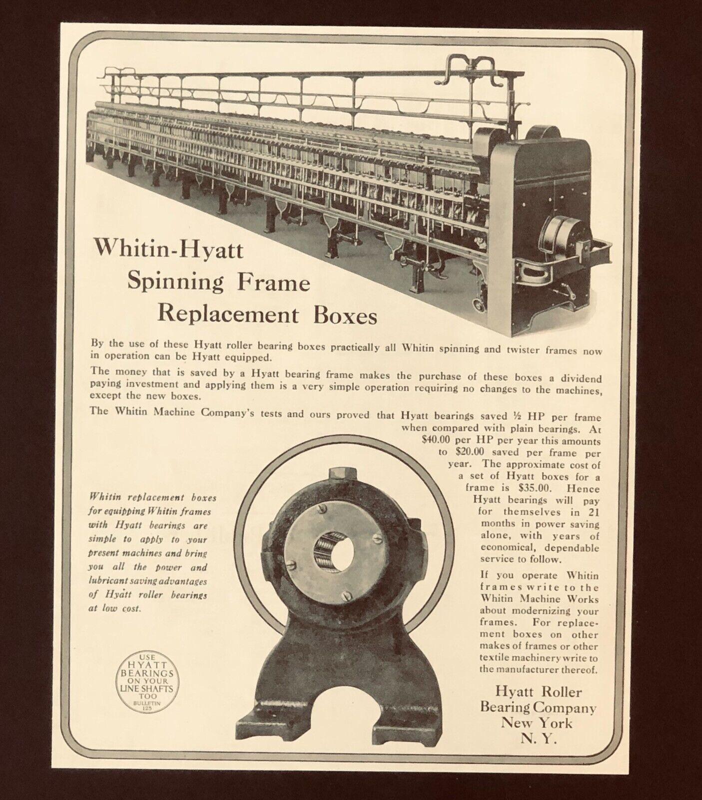 1922 Whitin-Hyatt Textile Advertisement Roller Bearing Box NY Antique Print AD