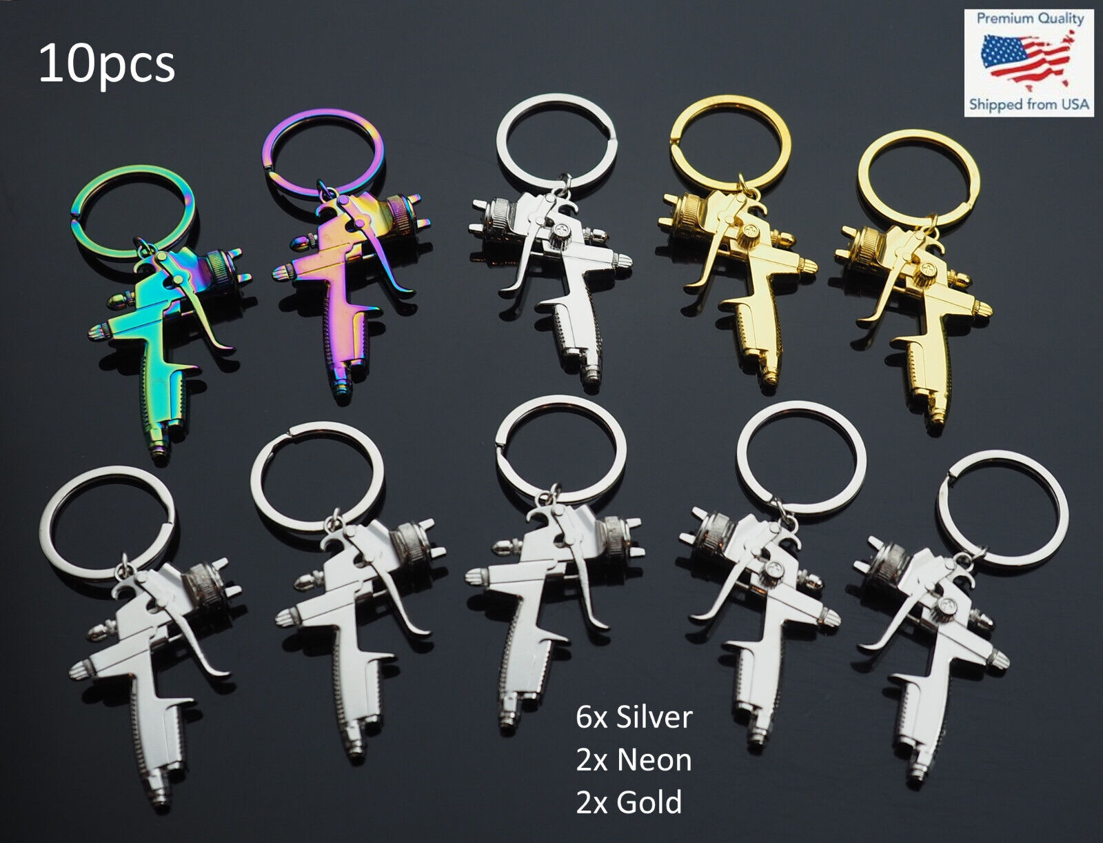 10 Pack Spray Paint Gun Key Chain Pendant Keychain 6x Silver 2x Rainbow 2x Gold
