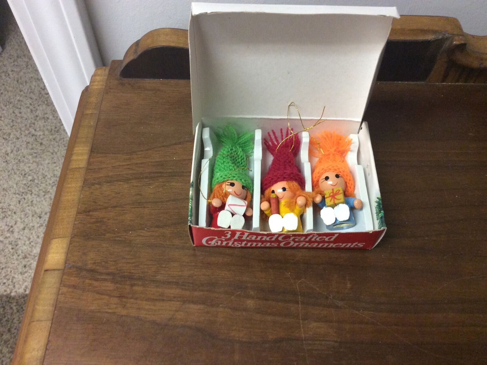 3 Hand Crafted Wood Christmas Ornaments Orignal Box From 1981