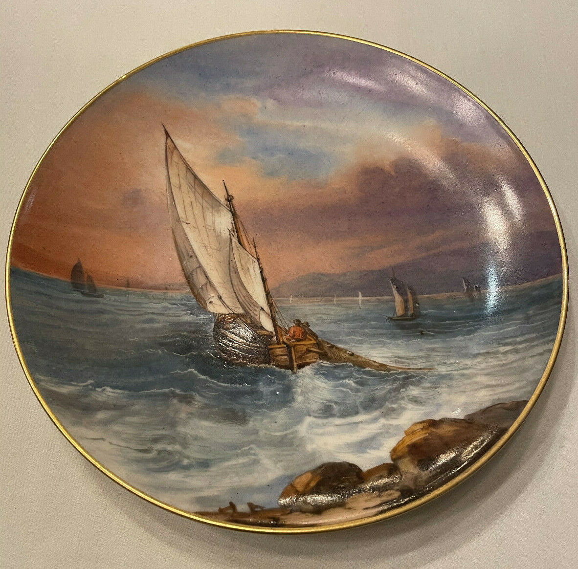 Decorative Antique Plate with Sailboat Scene 
