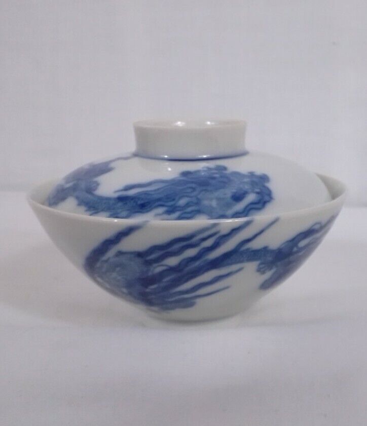 Vintage Asian Blue And White Dragon Pattern Porcelain Miso / Rice Bowl With Lid