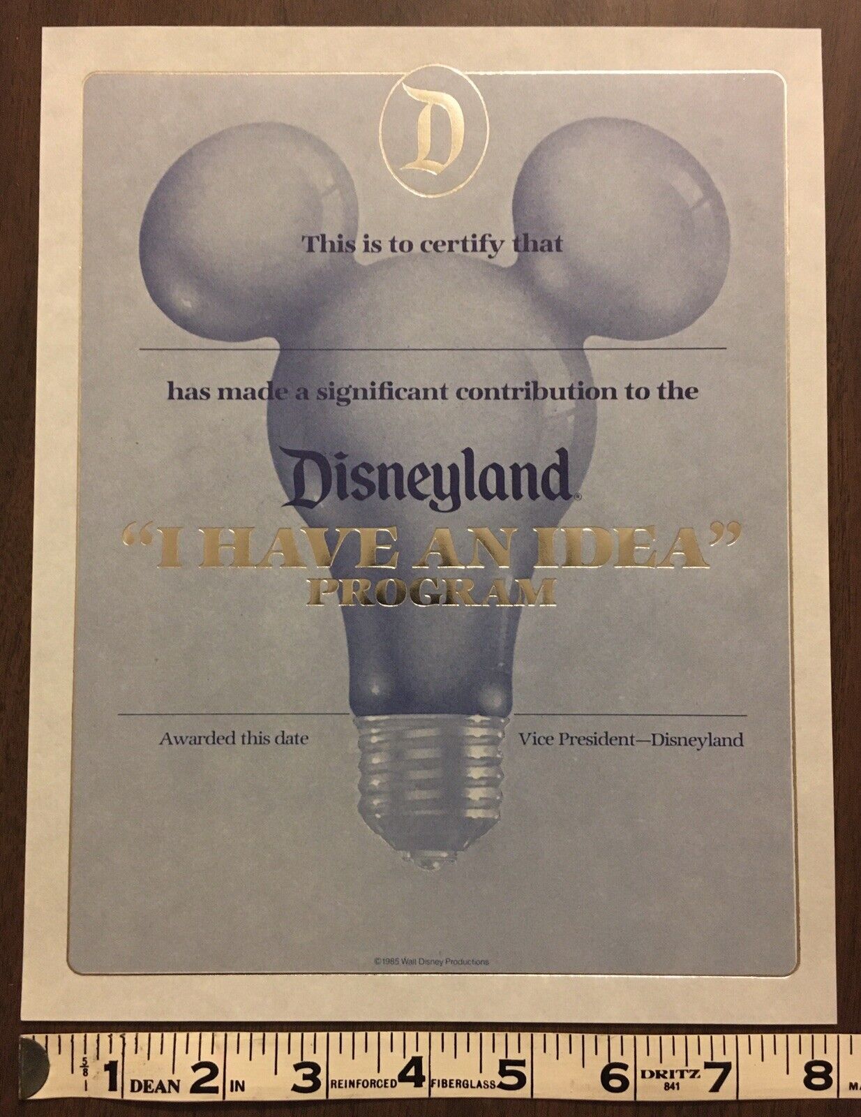 Rare 1985 Disneyland “I Have An Idea” Program Certificate- excellent condition