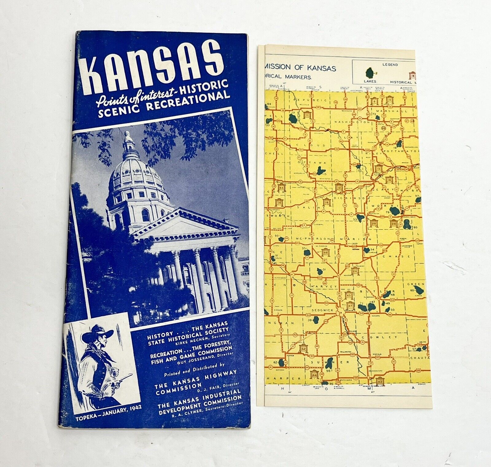 Vintage 1942 Kansas Points Of Interest Historic Scenic Brochure & ￼Map