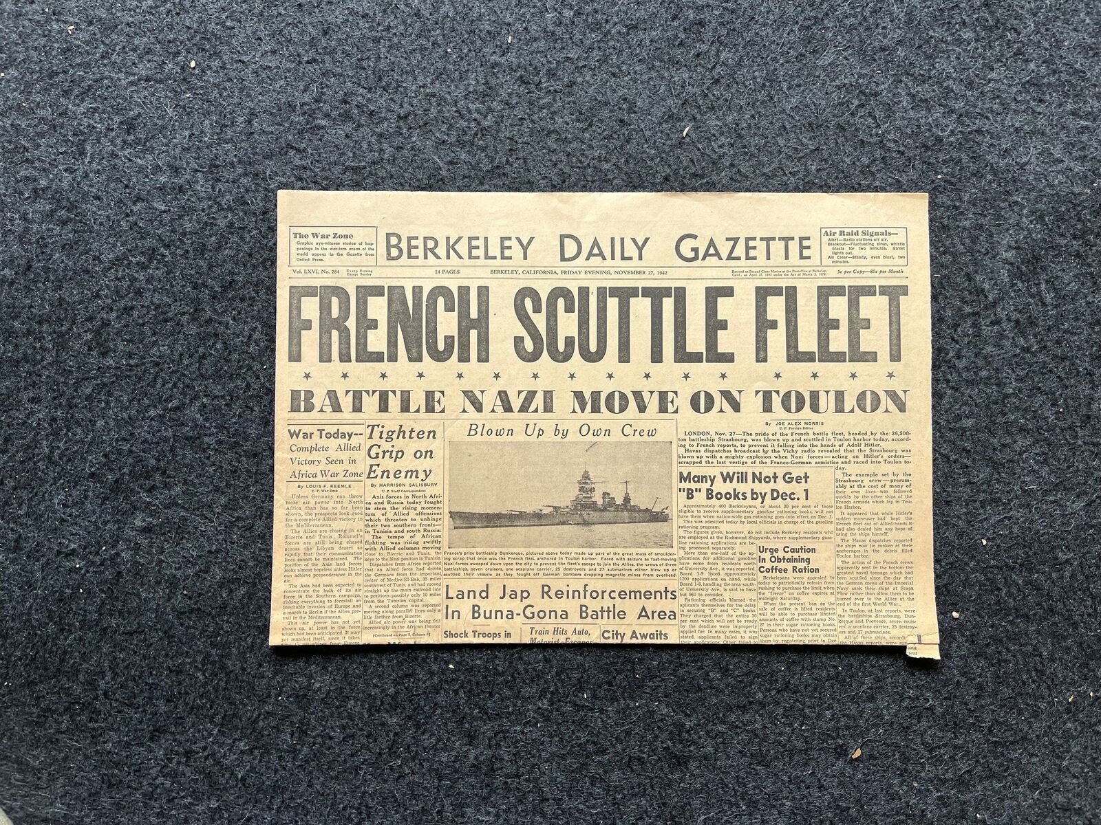 WW2 1940 France Scuttles Fleet Vintage Newspaper, German Advances into France, 