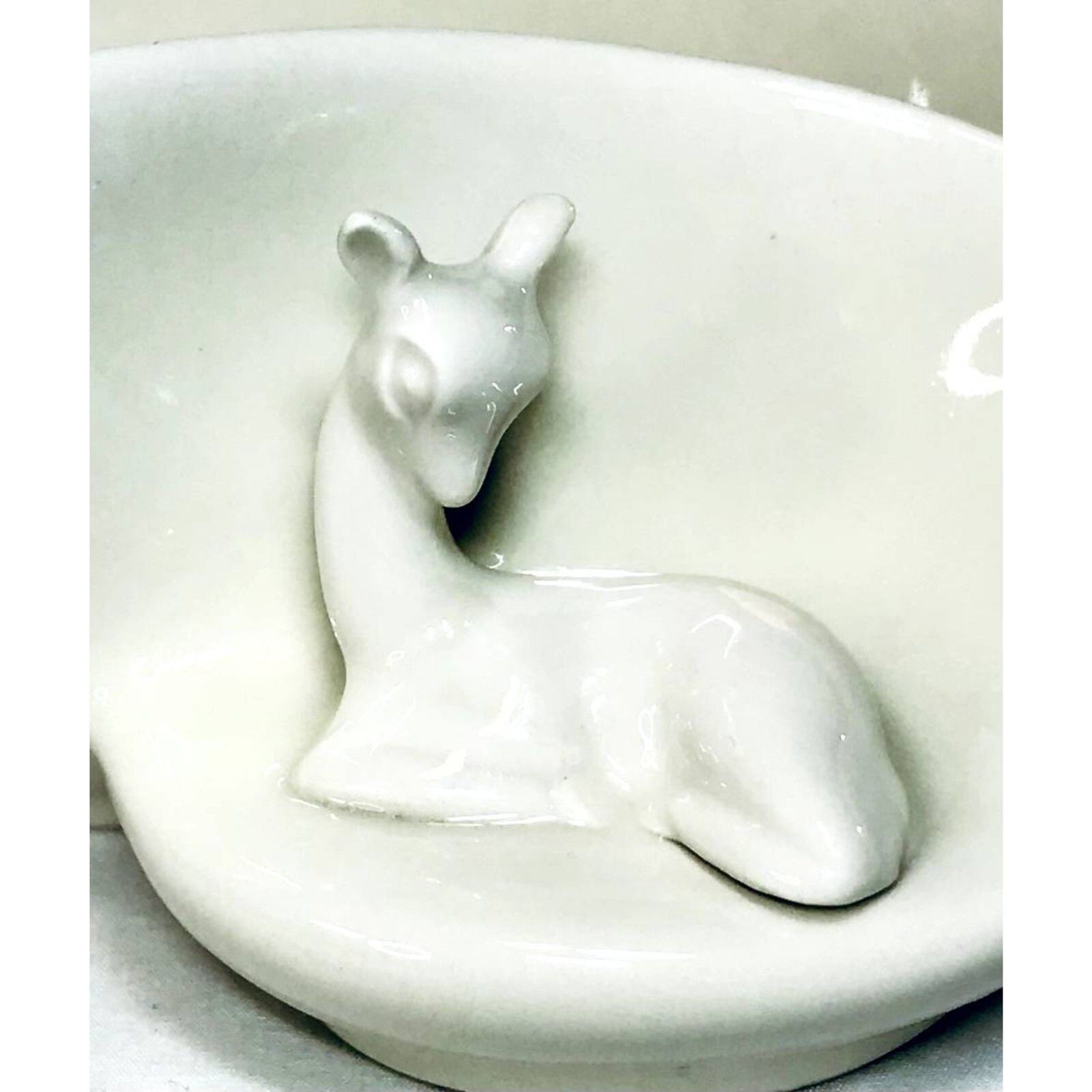 Howard Pierce Pottery Vintage White glaze, Teardrop Bowl and Nestled Deer Fawn