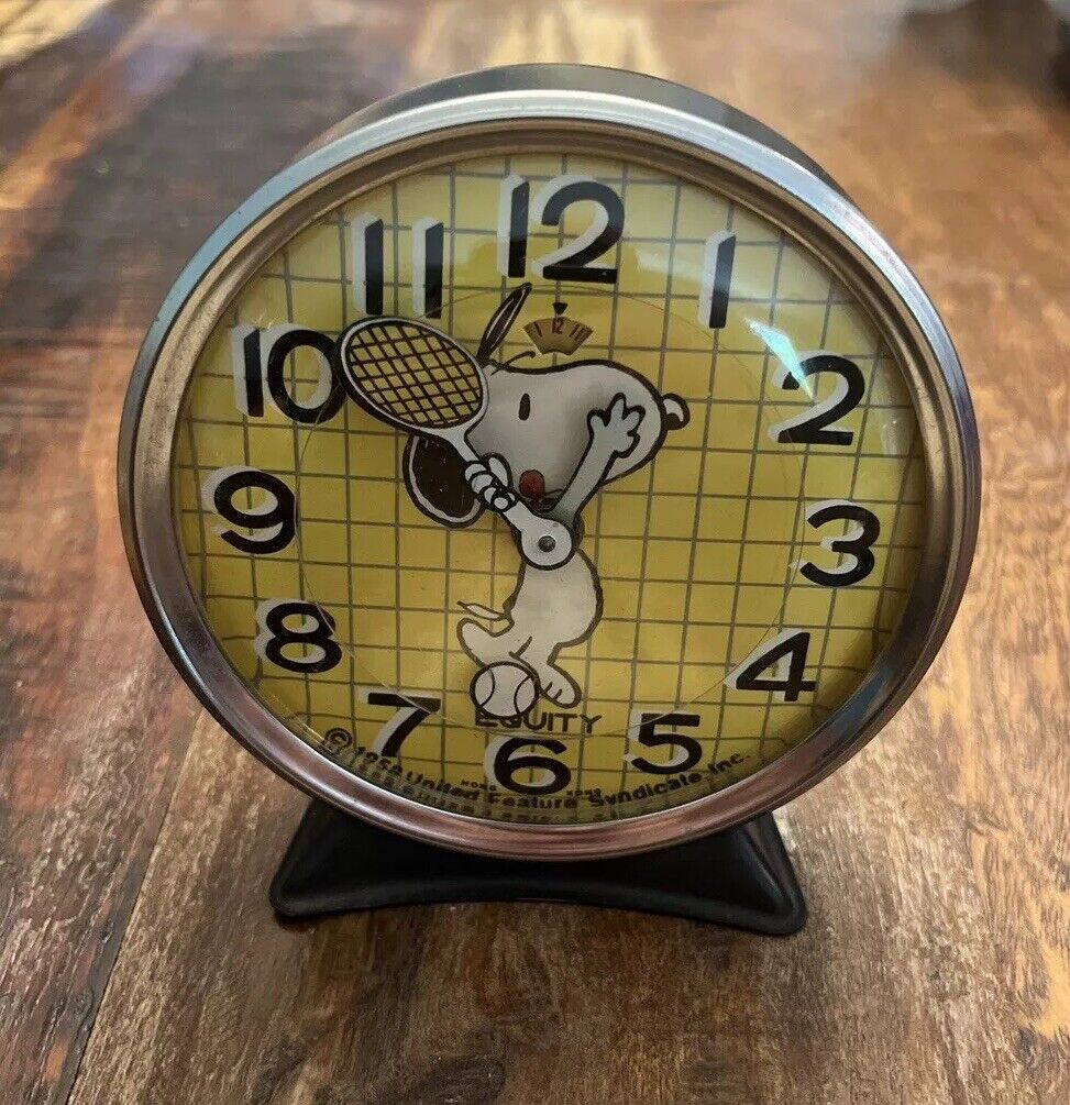 1958 Equity Snoopy Alarm Clock Peanuts Tennis Wind Up Runs Needs Works - Read