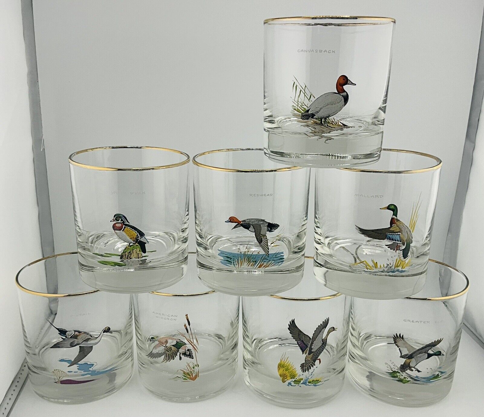 Vintage NED SMITH Waterfowl 8pc PLowball Gold Rim Duck Glass MCM American Signed