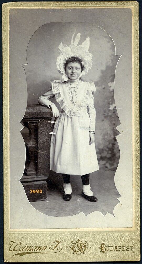Larger size antique Cabinet Card, girl in amazing strange hat, 1890's Budapest,