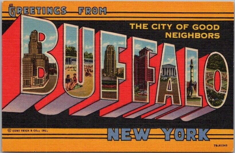 BUFFALO, New York Large Letter Linen Postcard \