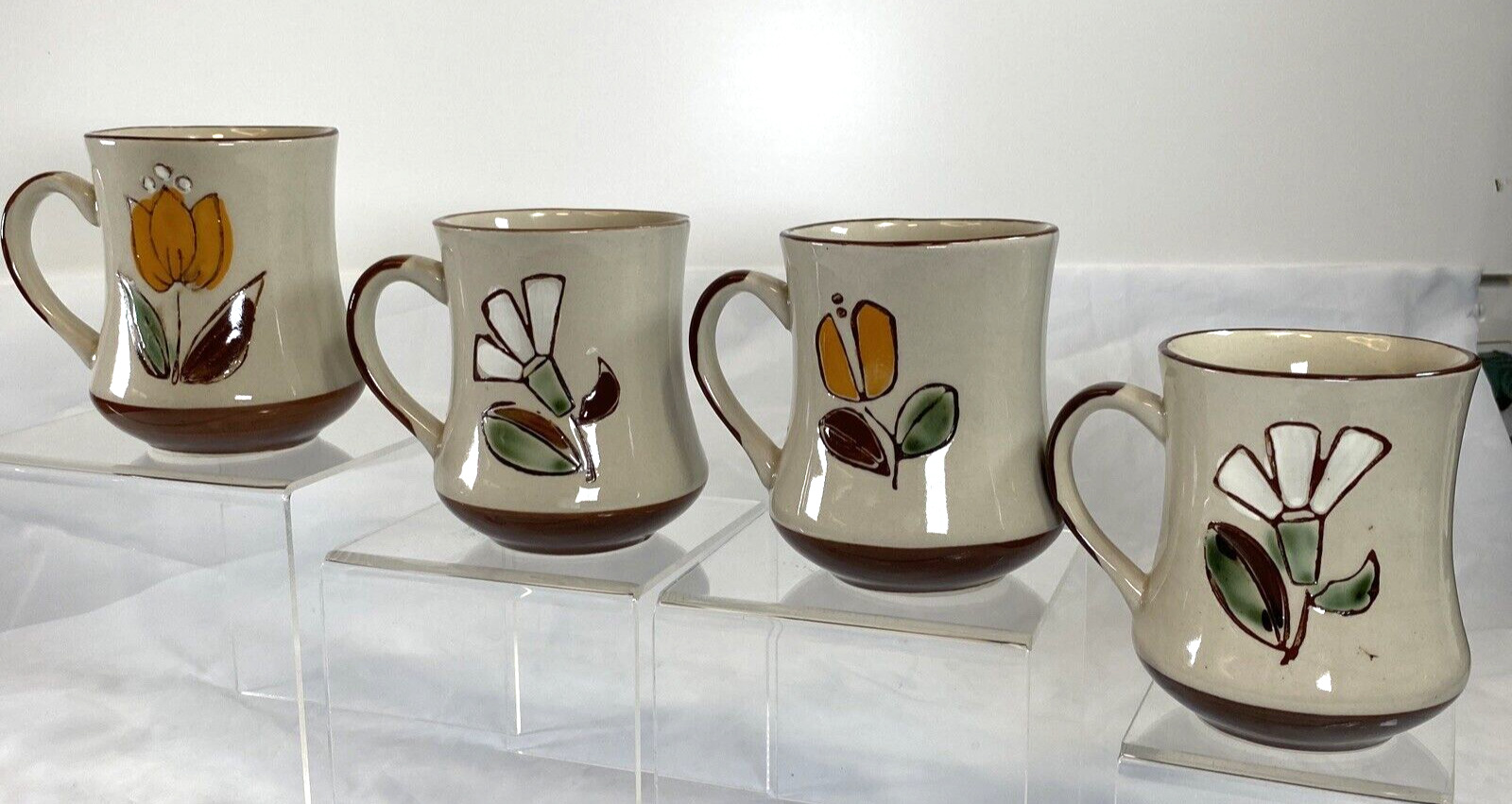 Otagiri Impressed Flower Design Hand Painted Mugs Set of 4