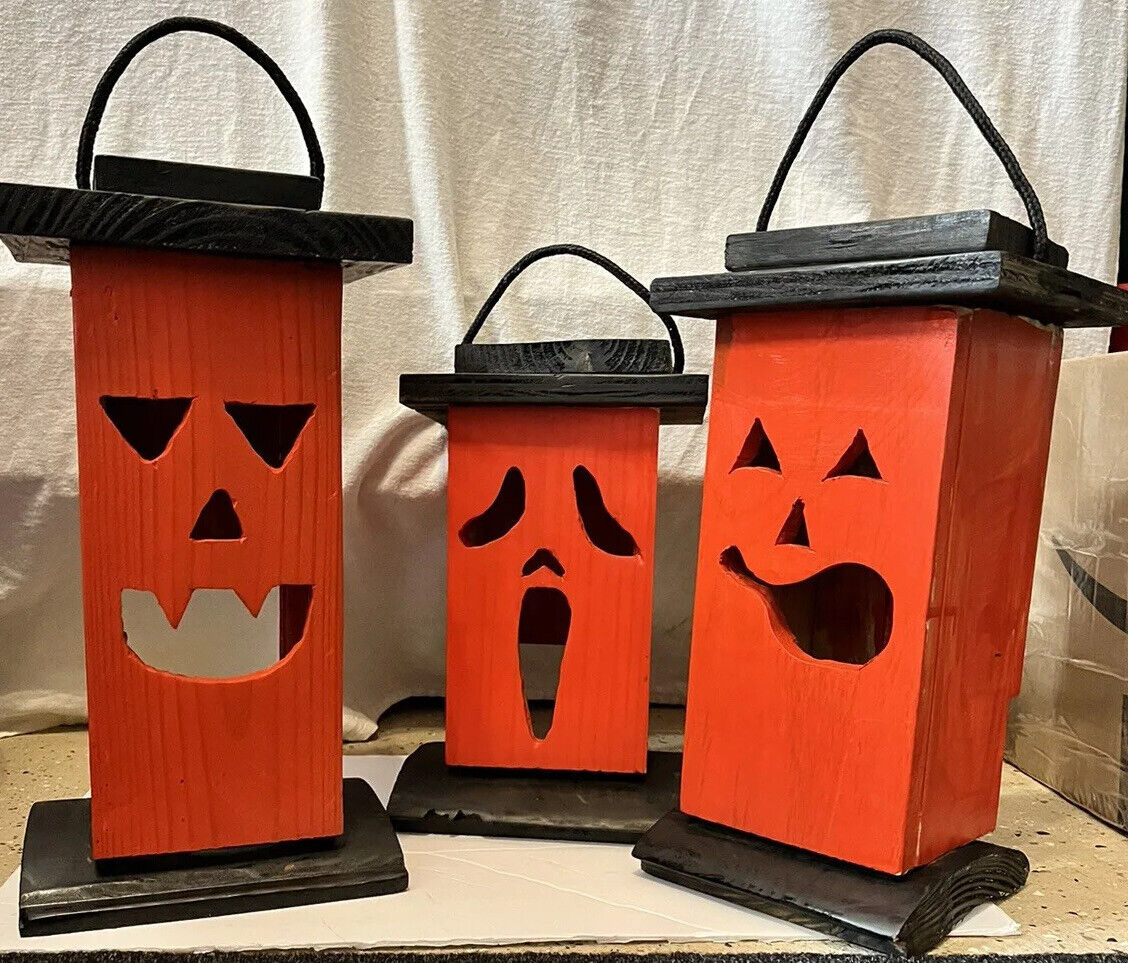 LOT OF 3-CUTE HANDCRAFTED Rustic Wooden Pumpkins With Tealight Candles HALLOWEEN
