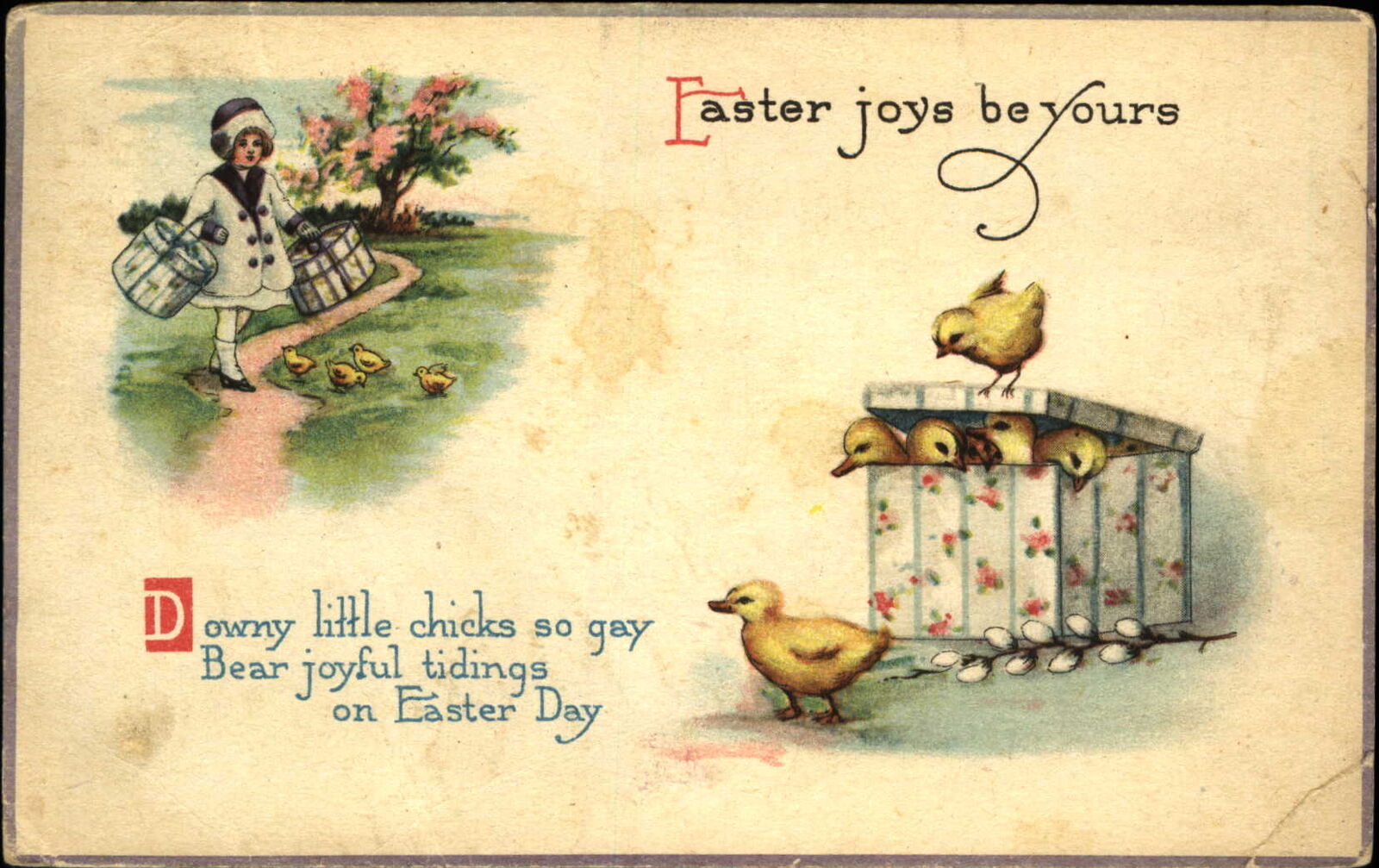 Easter postcard ~ girl hat boxes chicks pussy willow