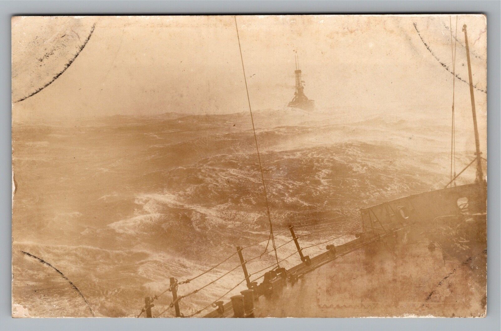 RPPC WWII US Military Battle Ship Storm Ocean Swells VTG Unused Photo Postcard