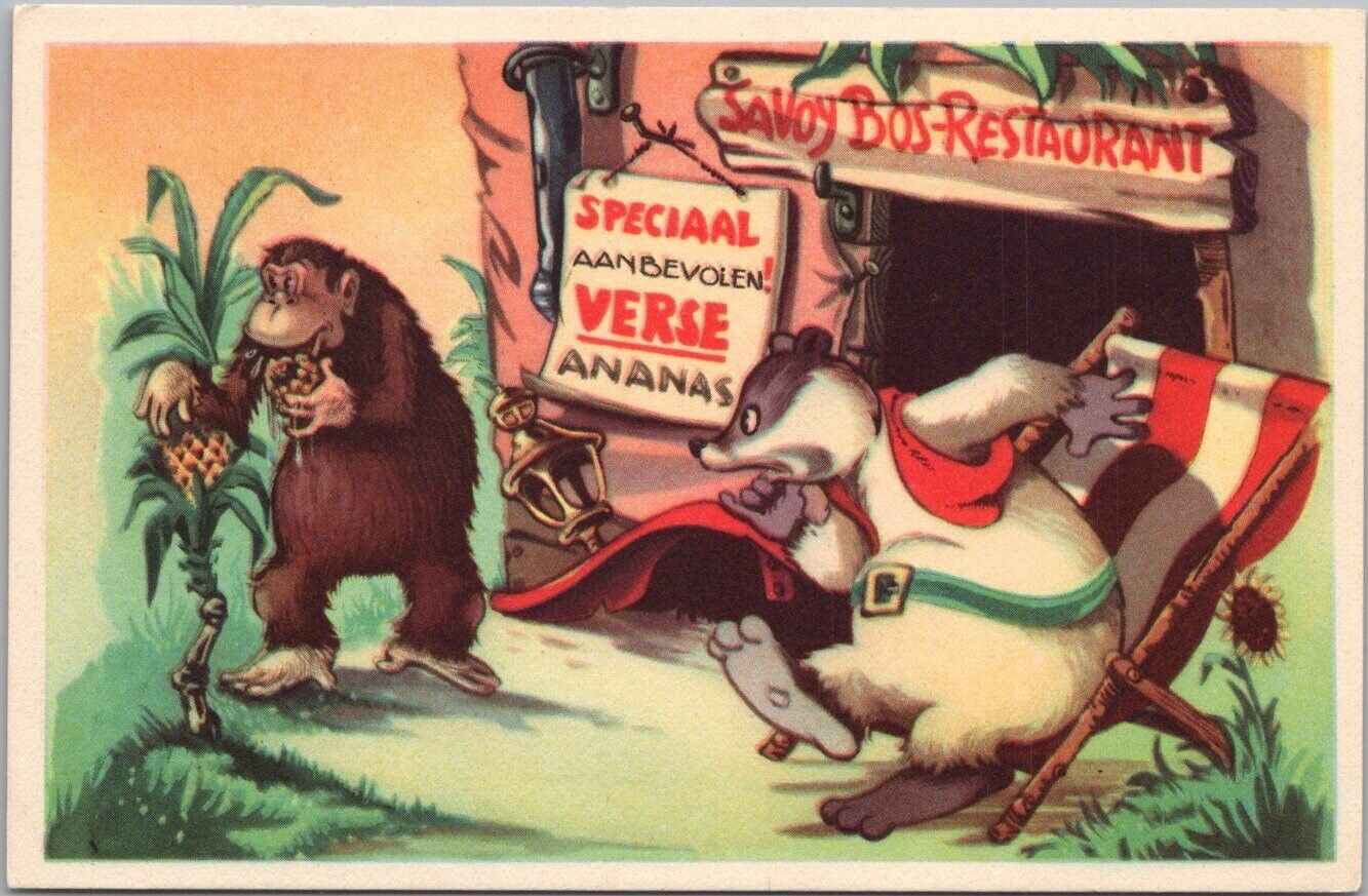 c1950s DOREMIAS DAS Dutch Fairy Tale Postcard #2 - Ape Gorilla / Badger UNUSED
