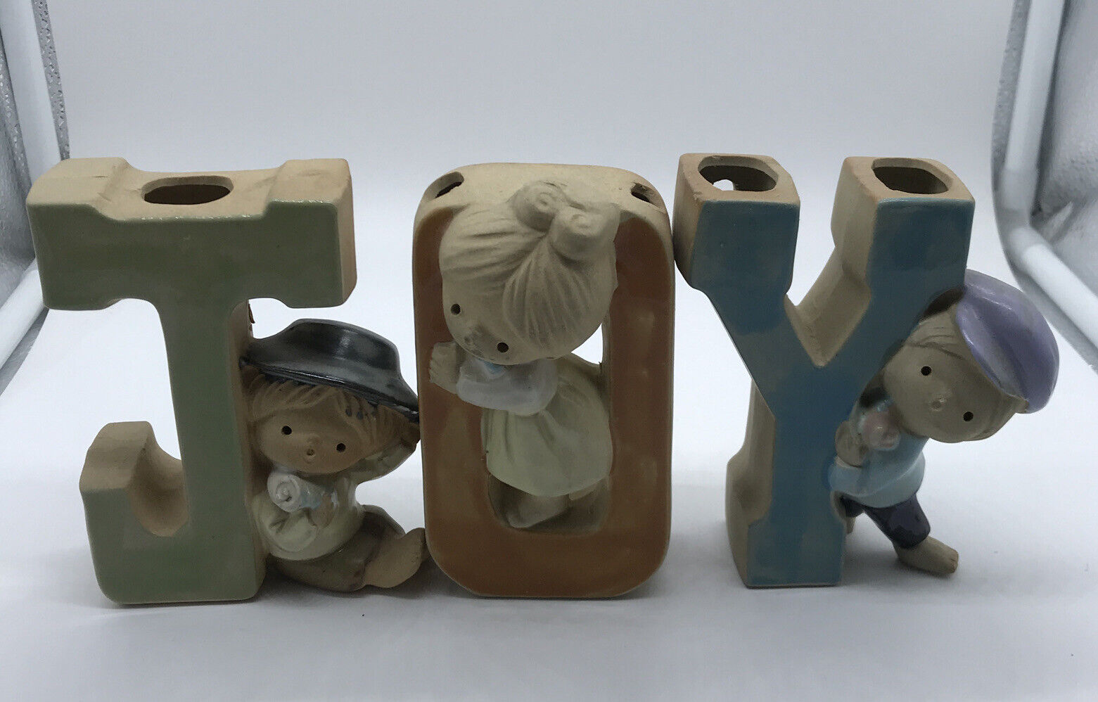 Vintage JOY 3 Pc Set Children Letter Ceramic  Figurine UCTCI Japan 1970s