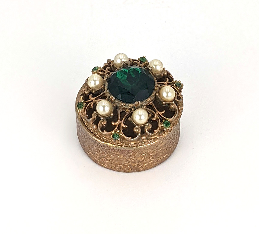 Vintage Miniature Jeweled Brass Trinket Box - Faux Pearls and Glass Emeralds