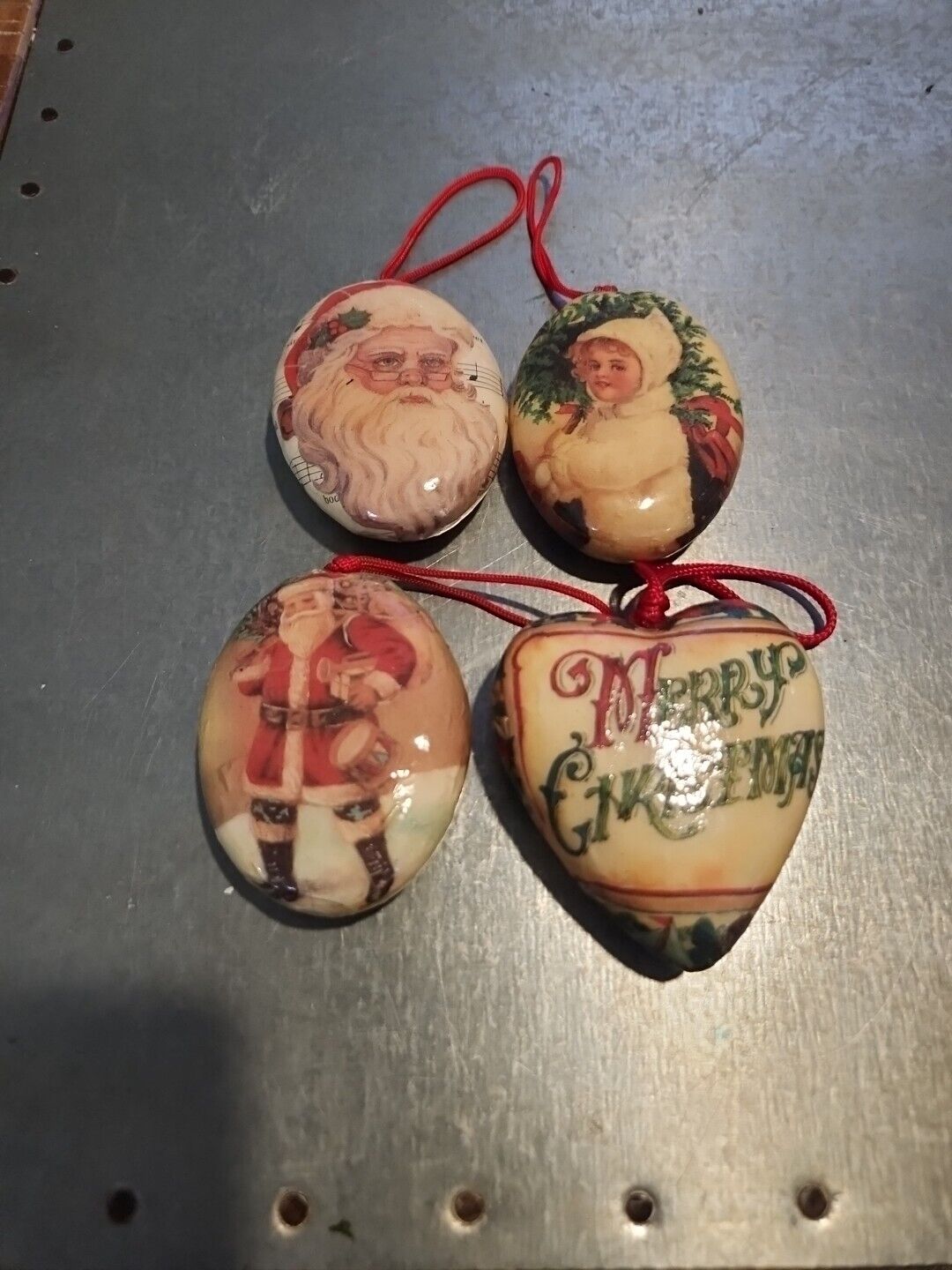 4 Vintage Heart Merry Christmas Child Santa Crackle Decoupage Ornaments Holiday