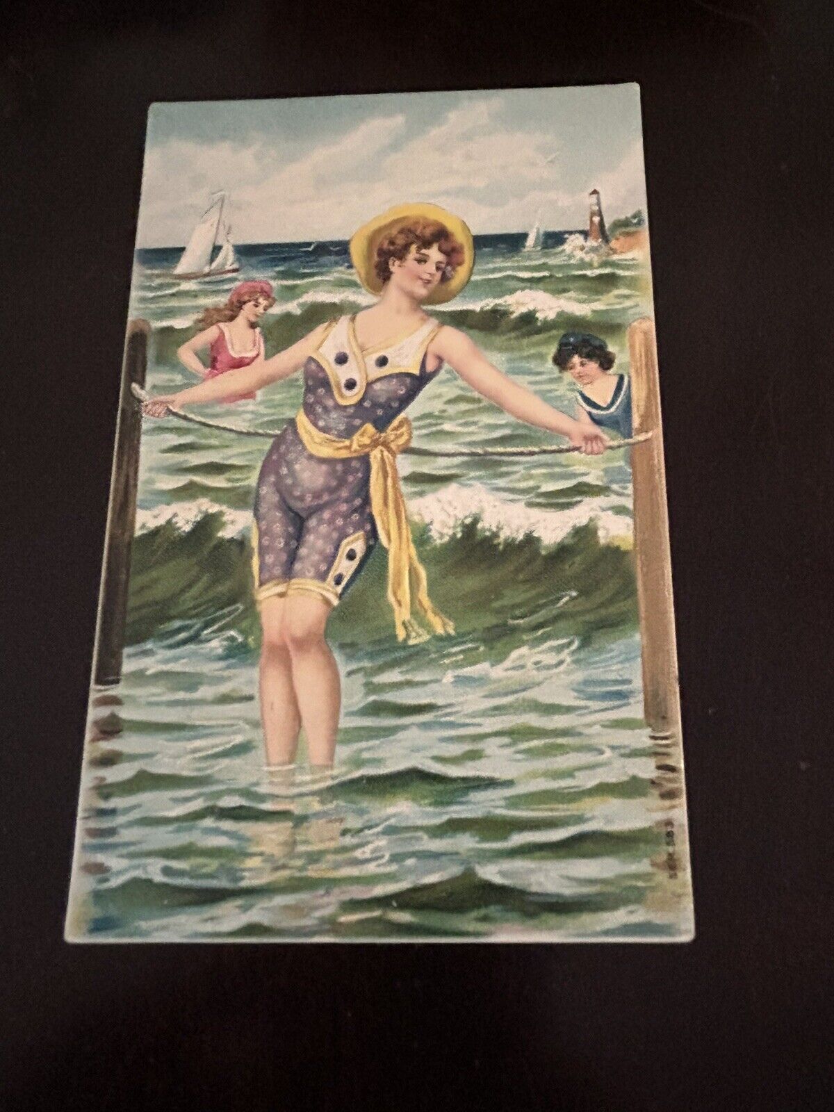 Beach Bathing Beauty Postcard Scene.  High Fashioned Antique Summer Swimwear.