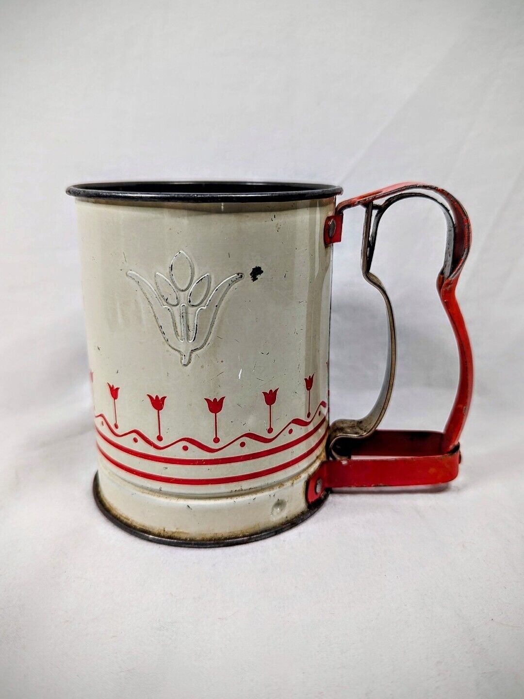 Vintage Baking Sifter Androck Handi-Sift Jr. Red White Tulip Tin Country Kitchen