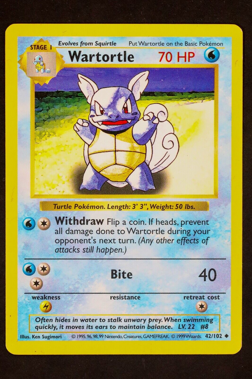WOTC 1999 Pokémon Base Set #42/102 - Shadowless Wartortle - NM/MT+