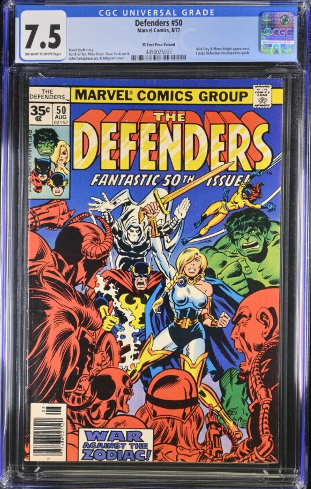 Defenders #50, CGC 7.5 VF-, 35 Cent Price Variant; Zodiac, Hulk, Moon Knight