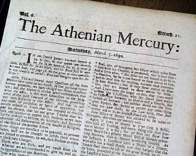 Rare 17th Century THE ATHENIAN MERCURY London England Agony Aunt 1692 Newspaper