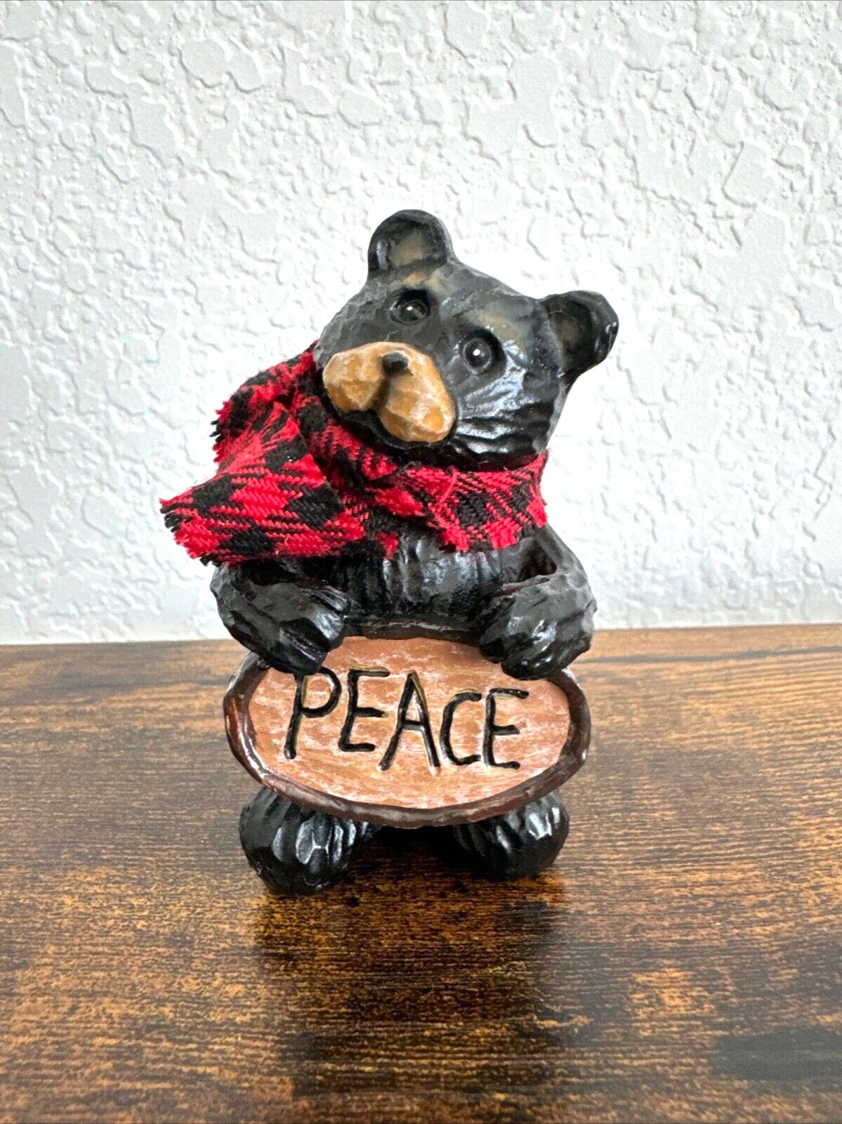 Cute Resin Bear w/Red Scarf Holding Peace Sign Small Figurine Cabin Home Décor