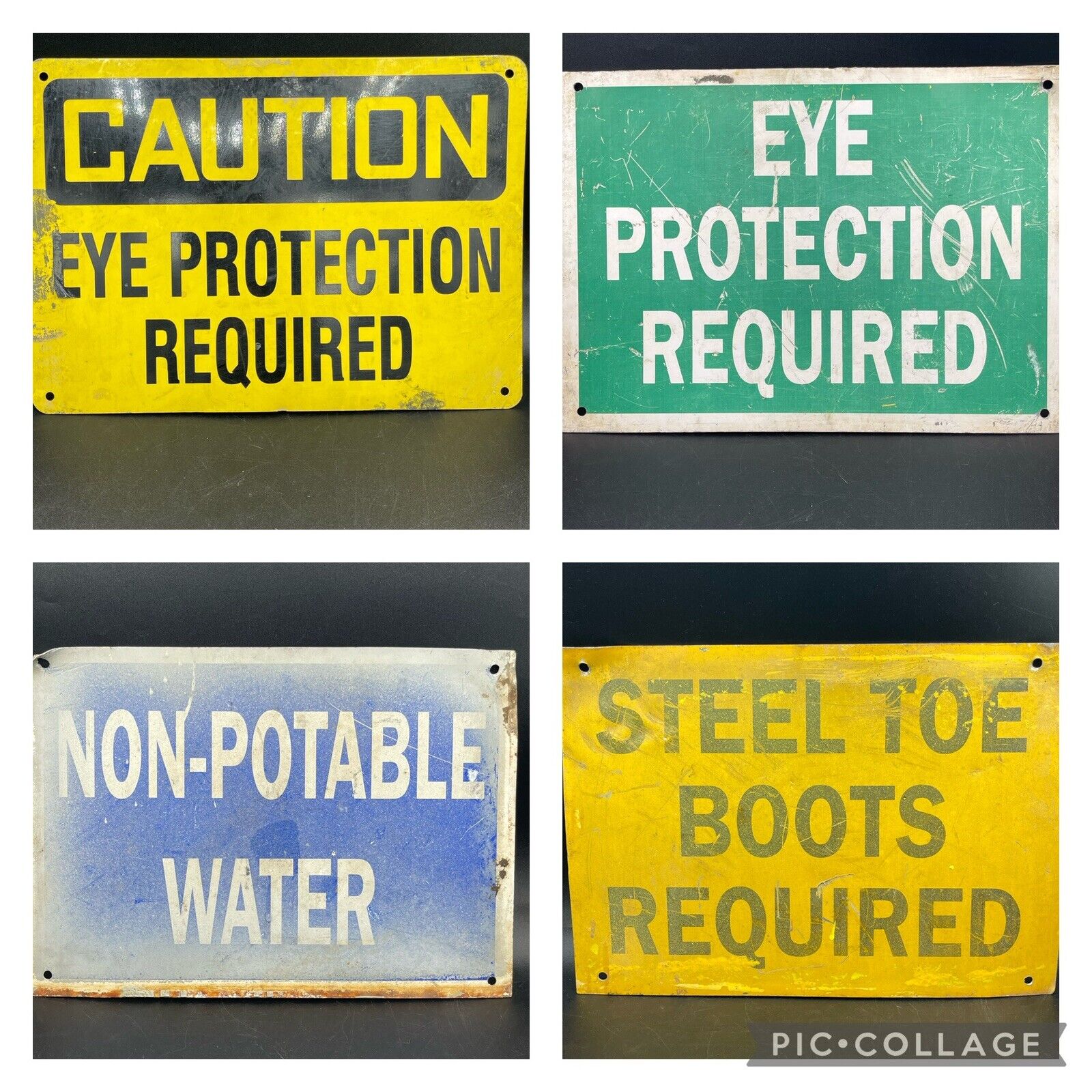Vintage Metal Sign Lot Workplace Caution Steel Toe Eye Protection Aluminum Work
