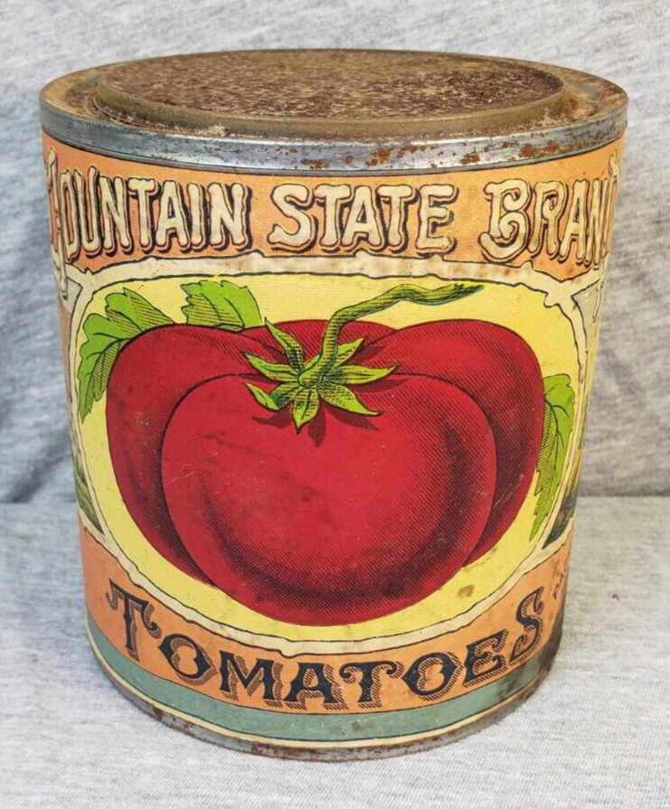 Antique Mountain State Brand Tomatoes Tin Can Dana Canned Goods Belpre, Ohio
