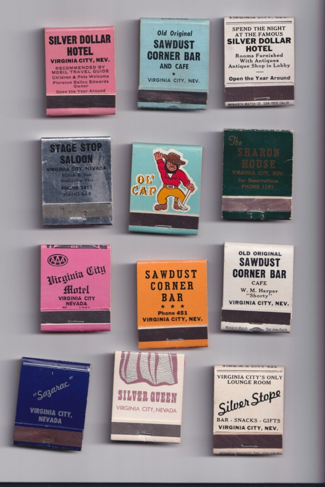 Old collection of Virginia City, Nevada mint condition - 12 matchbooks - 7 free 