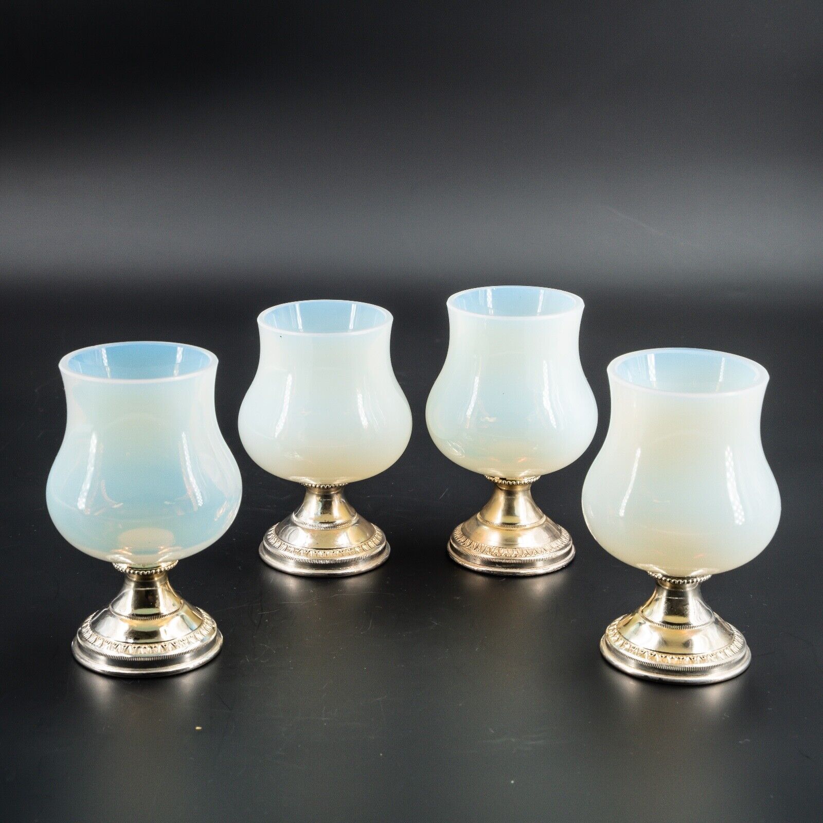 Vintage French White Opaline \'Bulle de Savon\' Glass Gilded Liquor Glasses