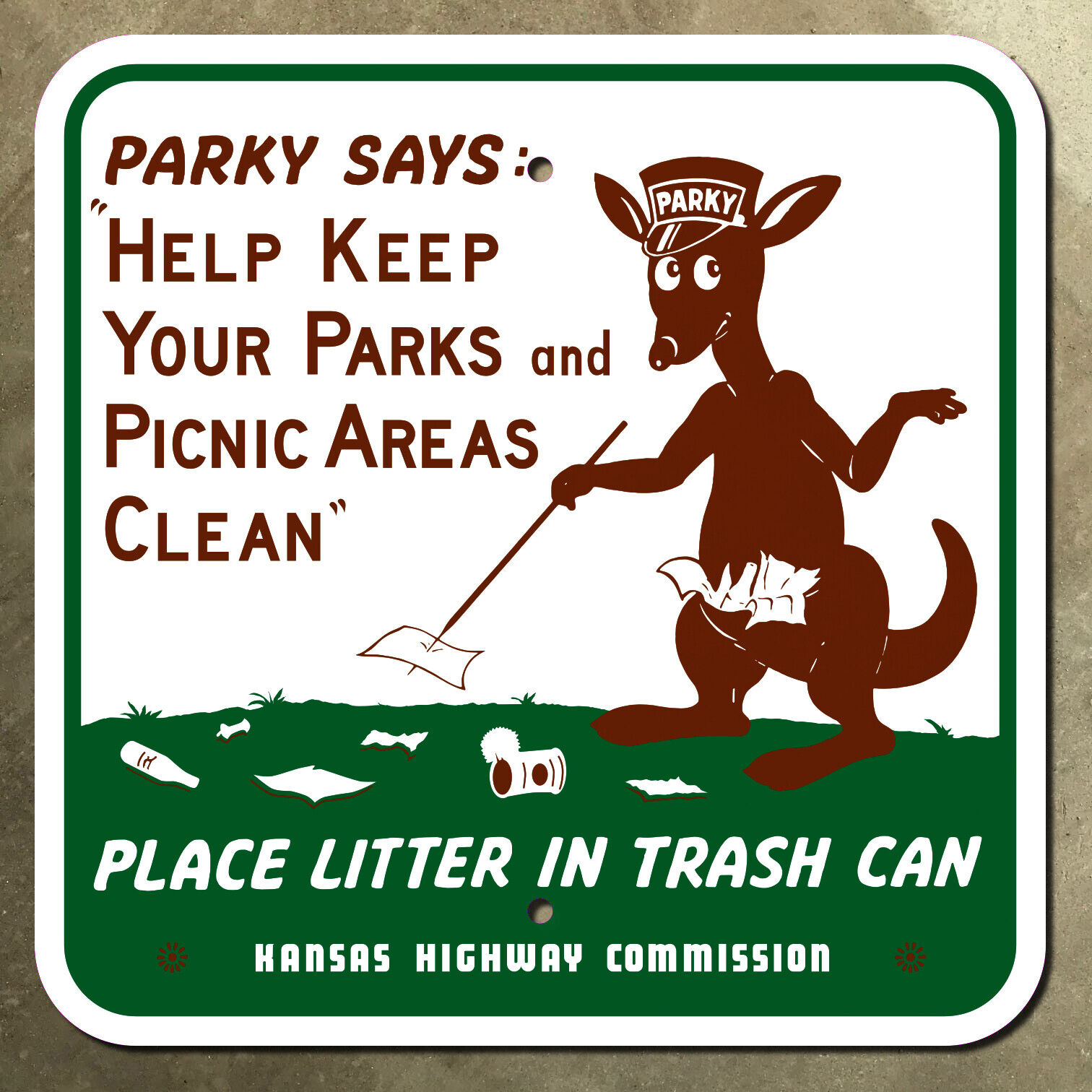 Kansas Parky kangaroo says keep parks clean highway marker road sign 1952 24x24