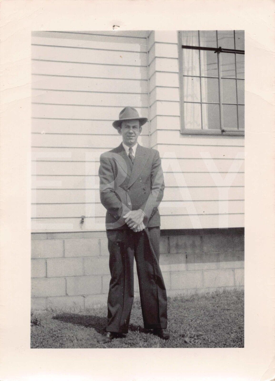 1950s Original Photo Man Wearing Pinstripe Suit With Hat Portrait 1A6