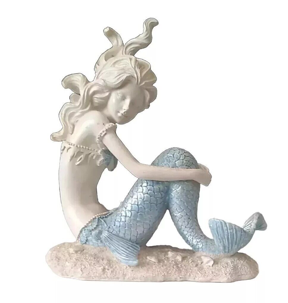 Nautical Capiz Blue Tailed Sitting Mermaid On Sea Floor Statue Resin 6.5\