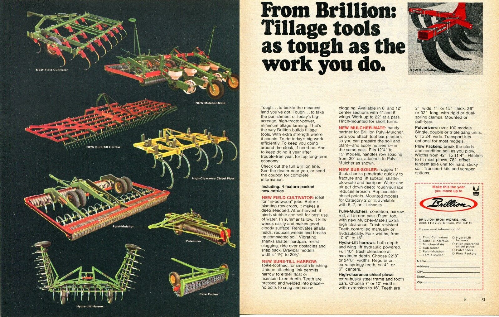 1972 2pg Print Ad of Brillion Farm Tillage Tools Field Cultivator Harrow Mulcher