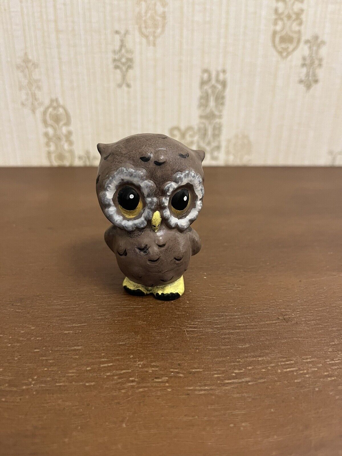 Vintage MCM BOHO Owl Figurine Collectable Big Eyes Brown Yellow Cute