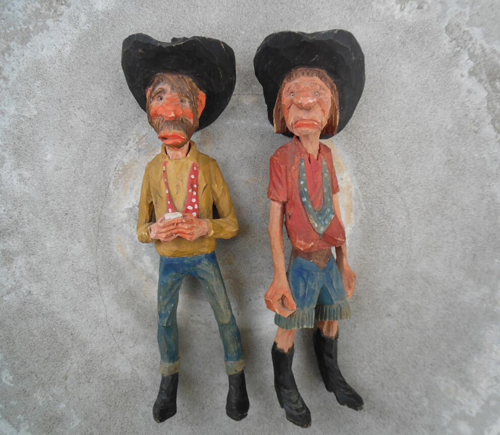 VINTAGE CARVED WOOD FIGURE H.S. ANDY ANDERSON WESTERN COUPLE FIGURES  LOT OF 2
